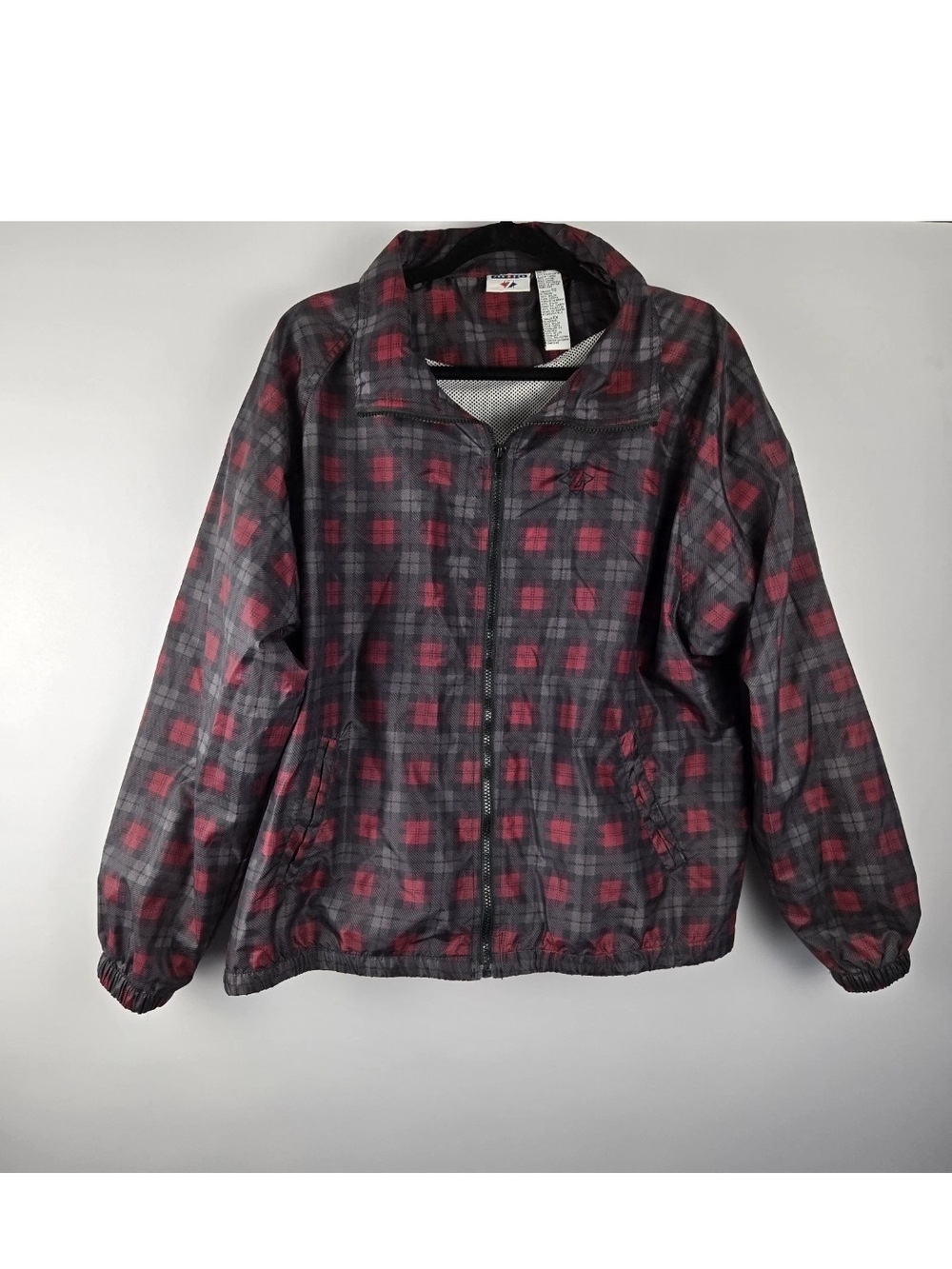 Vintage Jerzees Windbreaker Jacket Adult XL Red Plaid Full Zip Collared 90s